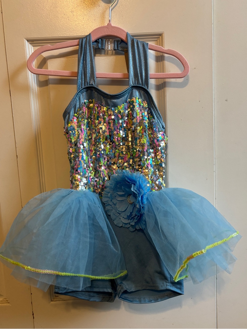 Girls Blue Sequin Tutu Dance Leotard with Flower Accent